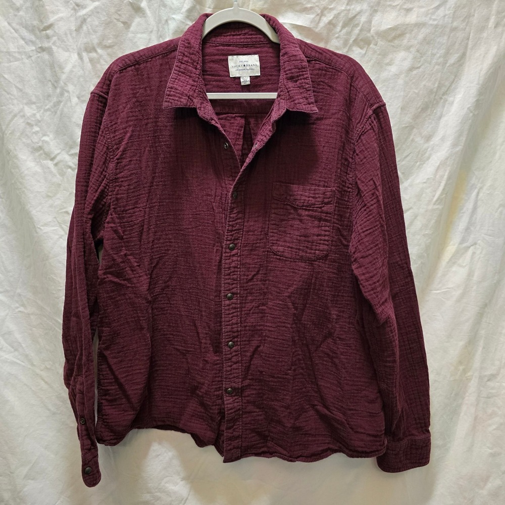 Lucky Brand XXL Burgundy‎ Cotton Gauze Long Sleeve Pearl Snap Shirt Mens